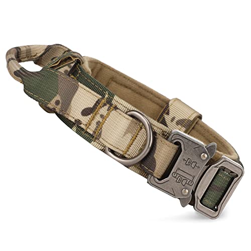 HUNTVP Collar Táctico para Perros con Mango de Control, Ajustable Collar de Nailon con Hebilla de Metal, para Perros Medianos Grandes Caza Al Aire Libre Entrenamiento, Camo-L