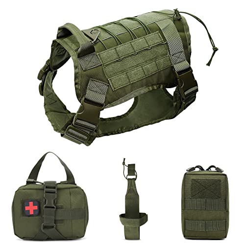 ALLSOPETS Arnés Táctico para Perros y Sistema MOLLE Arnés para Perros Medio Grande Arnés de Chaleco con Bolsa de Botella de Agua Bolsa de Primeros Auxilios Médicos y Bolsa Multiusos Verde XL