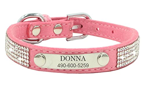 Collar Perros con Diamantes de Diario Infantiles de Gamuza Suave Collar con del Nombre de la Dirección del Número de Teléfono para Gatito de Cachorro Medio Rosa L