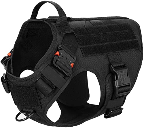ICEFANG Arnés táctico para perro, tamaño mediano, 2 hebillas de metal, chaleco MOLLE para perro de trabajo con asa, clip de correa frontal sin tirones, panel de gancho y bucle (M, negro)