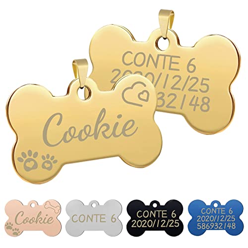 Uiopa 2 Piezas Chapa Perro Grabada, Hueso Placas para Perros Personalizadas de Acero Inoxidable, Etiquetas de Identificación de Mascotas para Collar Perro y Gato (Dorado, L)