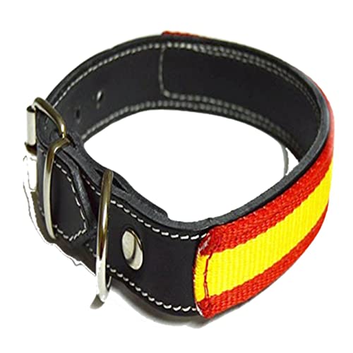 Articulosdecaza Collar para perro fabricado en cuero color negro con Bandera España 55 cm