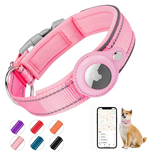 Brovamo Collar Perro Acolchado para AirTag, El Collar Perro Reflectante Airtag Apple, Air Tag Integrado para Perros Pequeños, Medianos, Grandes, [Rosa- Talla S]