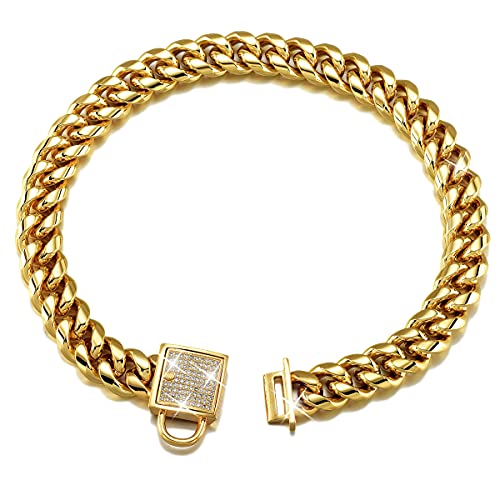 Abaxaca - Collar para Perro, de Lujo, de Acero Inoxidable, 14 mm, Oro de 18 K, Collar de Entrenamiento de Lujo para Perro