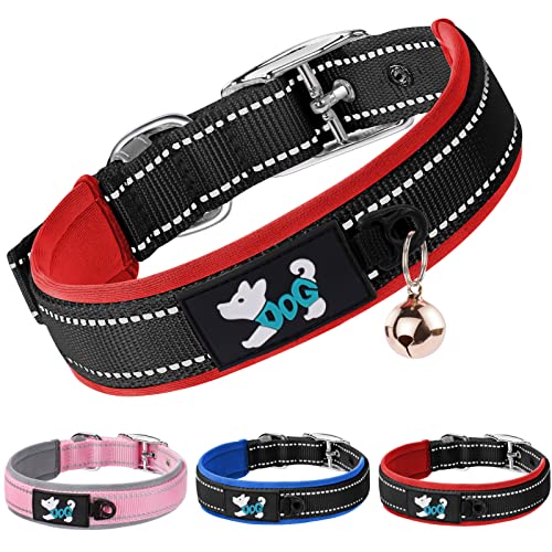 AUAUY Collar Perro, Ajustable Collar Nylon Reflectante para Mascotas, Neopreno Ultrasuave Acolchado con Hebilla de Metal Anillo en D Y Anillo de Etiqueta para Perros Pequeños, Medianos, Grandes Rojo-M