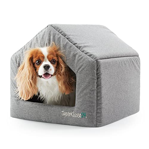 SuperKissen24. Cama Pequeños Medianos Grandes Perros y Gatos - Casetas Perros para Uso en Interiores - Cama Cueva Impermeable - Oeko-Tex Certificado - 42x48x38 cm - Lino Gris