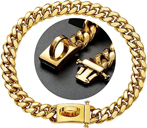 SLE Collares Cadena Perros Fuertes Acero Inoxidable,con Control Seguridad,Entrenamiento de Mascotas, Caminar, con Cierre Seguridad,Suministros para Mascotas Collar para Mascotas (Gold-50.80cm/20inch)