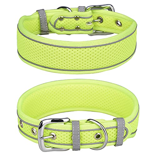 Collar de perro de malla ajustable para perros Collar reflectante transpirable Collar de perro acolchado suave para perros medianos grandes, collar de perro de 5 cm de ancho (verde brillante, M)