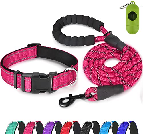 Dynmeow Juego de Collar y Correa Reflectantes para Perros, Collar Ajustable para Mascotas con Acolchado de Neopreno Suave para Perros Pequeños, Medianos y Grandes, Cuerda para Escalar,Rosa Caliente, M