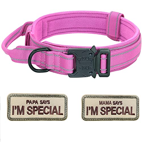 Collar para Perro ajustable con mango de control, Táctica de Nylon acolchado Hebilla de metal Medianos de Gran Tamaño Caza entrenamiento al aire libre K9 Color Rosa L