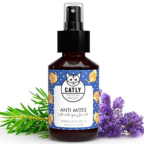 CATLY Spray Antiparasitario Gatos Pequeños y Adultos con Aceite Arbol Te y Geraniol - Antipulgas Gatos Eliminar Acaros, Garrapatas, Pulgas, Mosquitos - Alternativa Orgánica a Pipetas para Gatos, 100ml
