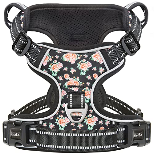 HEELE Arnes para Perro Arnes Anti Tirones Transpirable con Agarre Acolchado y Reflectantes Arnés para Perros Easy Safe Arnés para Perro con Bonito Estampado Arnés Perro Pequeños, Flores-Negro, XS