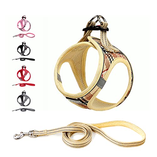 Suredoo Arnés para Perro Pequeños con Correa, Arnés Antitirones Reflectante Cómodo Transpirable Arneses Chaleco para Perros Pequeños Gatos, Cachorros (XXS, Celosía Beige)