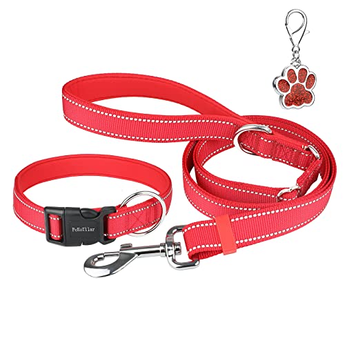 Juego de Collar y Correa para Perro, Collares Reflectantes de Neopreno Suave con Correa Ajustable de 1,8 M con Mango Acolchado y Etiqueta para Perros PequeñOs, Medianos y Grandes, Rojo-L