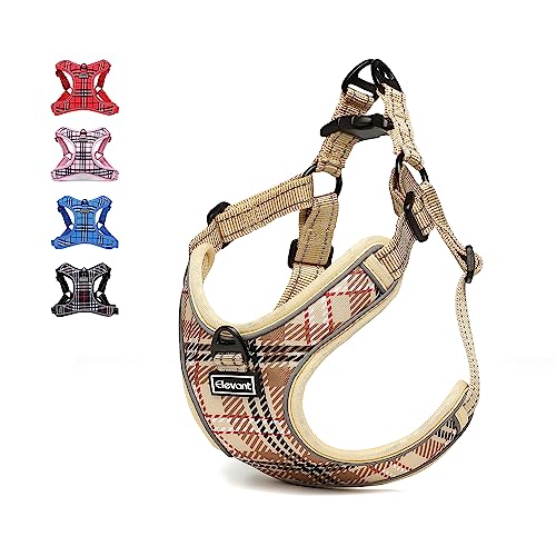Elevant Arnés Perro Ajustable Reflectante, Arnés Antitirones Suave Acolchado Cómodo Transpirable Arnés Chaleco para Cachorros Perros Pequeños Mediano Grande (S, Beige Marrón)