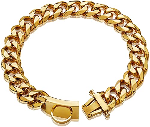 Collar de cadena de metal dorado para perro, con hebilla segura y etiqueta de identificación para perro, enlace cubano de 18 quilates, pastor alemán Pitbull estadounidense (19 mm, 20 pulgadas)