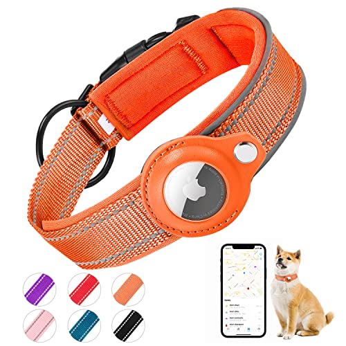 Kardition Collar Perro Acolchado para AirTag, El Collar Perro Reflectante Airtag Apple, Air Tag Integrado para Perros Pequeños, Medianos, Grandes, [Naranja - Talla S]