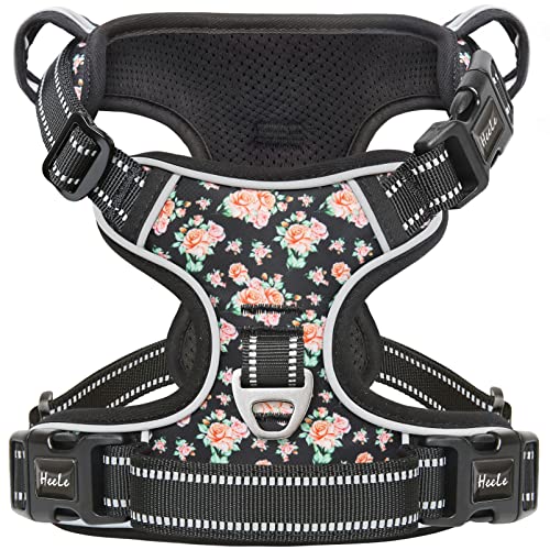 HEELE Arnes Perro, Arnes Perro Antitirones Transpirable con Bonito Estampado, Asa Acolchado, Reflectante, Arnés para Perros 3 Hebillas de Liberación Rápida Arnes Perro Pequeño, Floral Negro, S